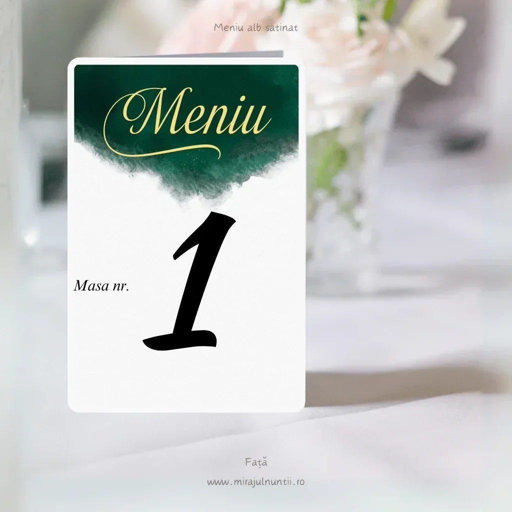 Meniu de nuntă tip carte cu acuarelă verde smarald și titlu auriu, cod C.1 – imaginea 2