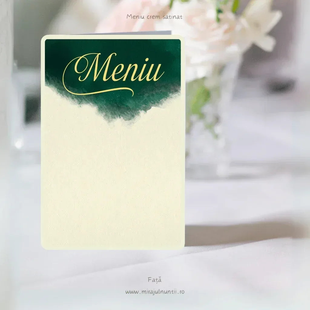 Meniu de nuntă tip carte cu acuarelă verde smarald și titlu auriu, cod C.1 – imaginea 4