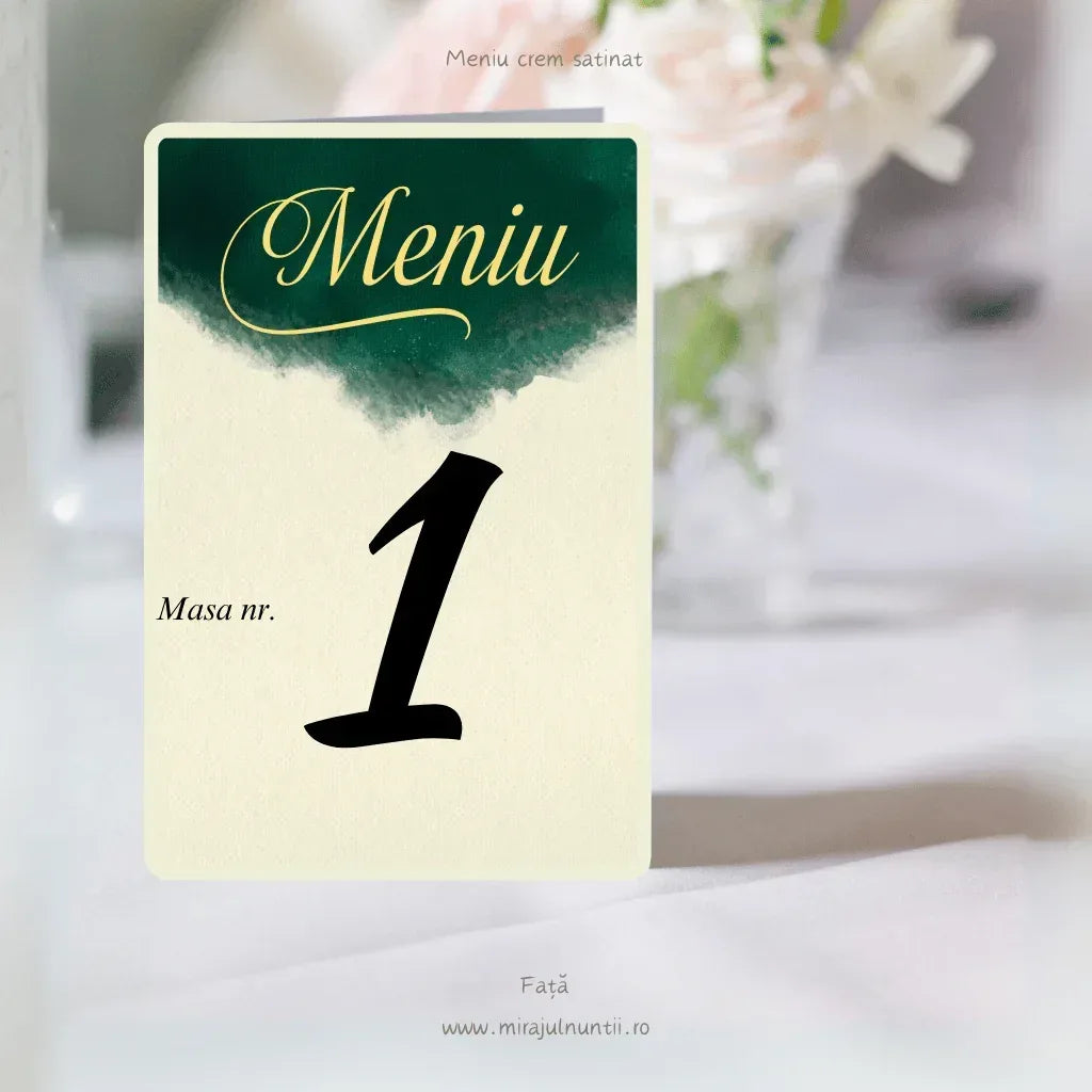 Meniu de nuntă tip carte cu acuarelă verde smarald și titlu auriu, cod C.1 – imaginea 5