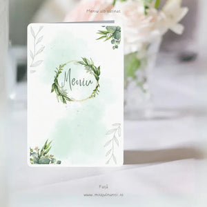 Meniu de nuntă pliat tip carte cu eucalipt și coroniță aurie, acuarelă verde mentă – cod C.25