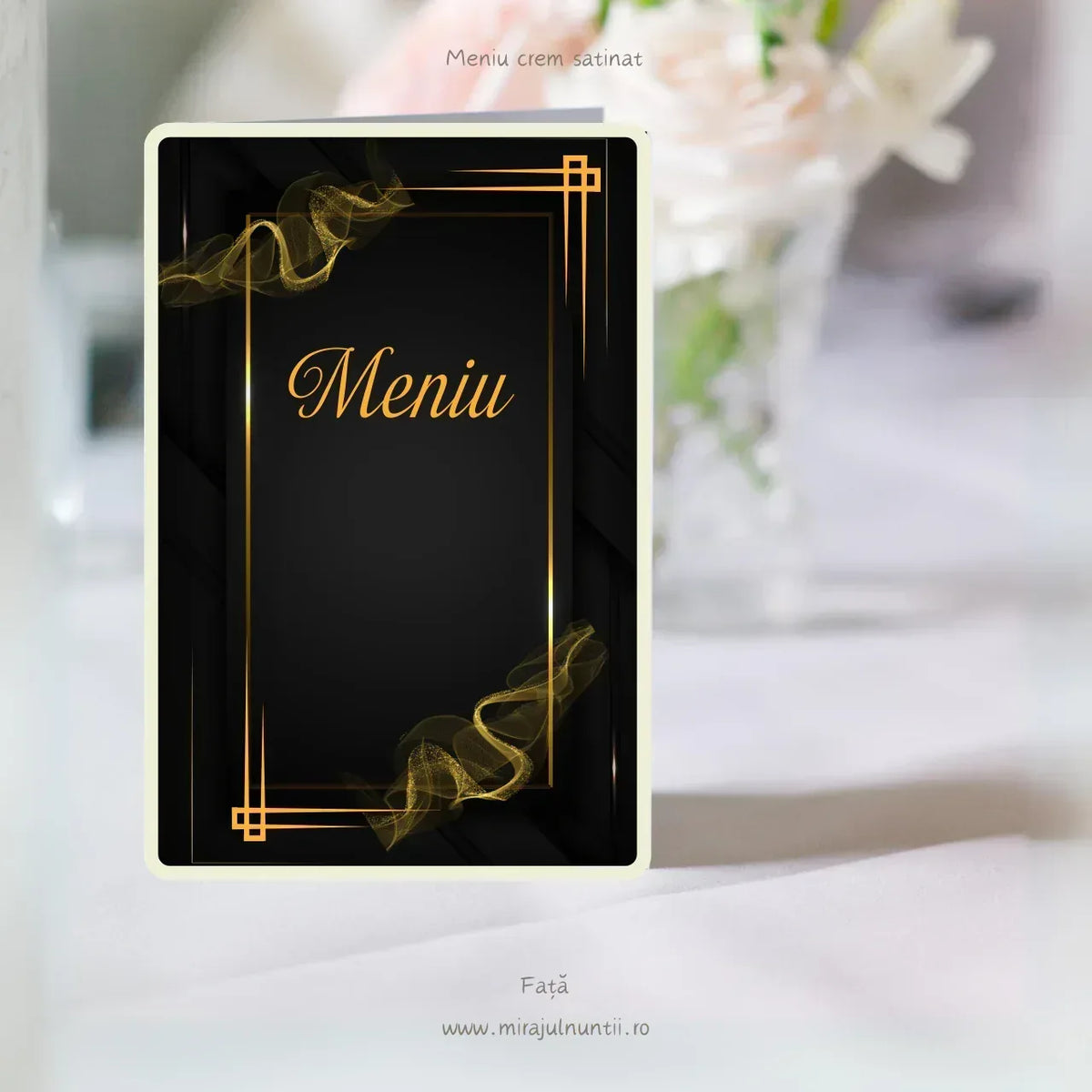 Meniu de nuntă tip carte negru cu fum auriu și chenar Art Deco, cod C.6-10006 – imaginea 3