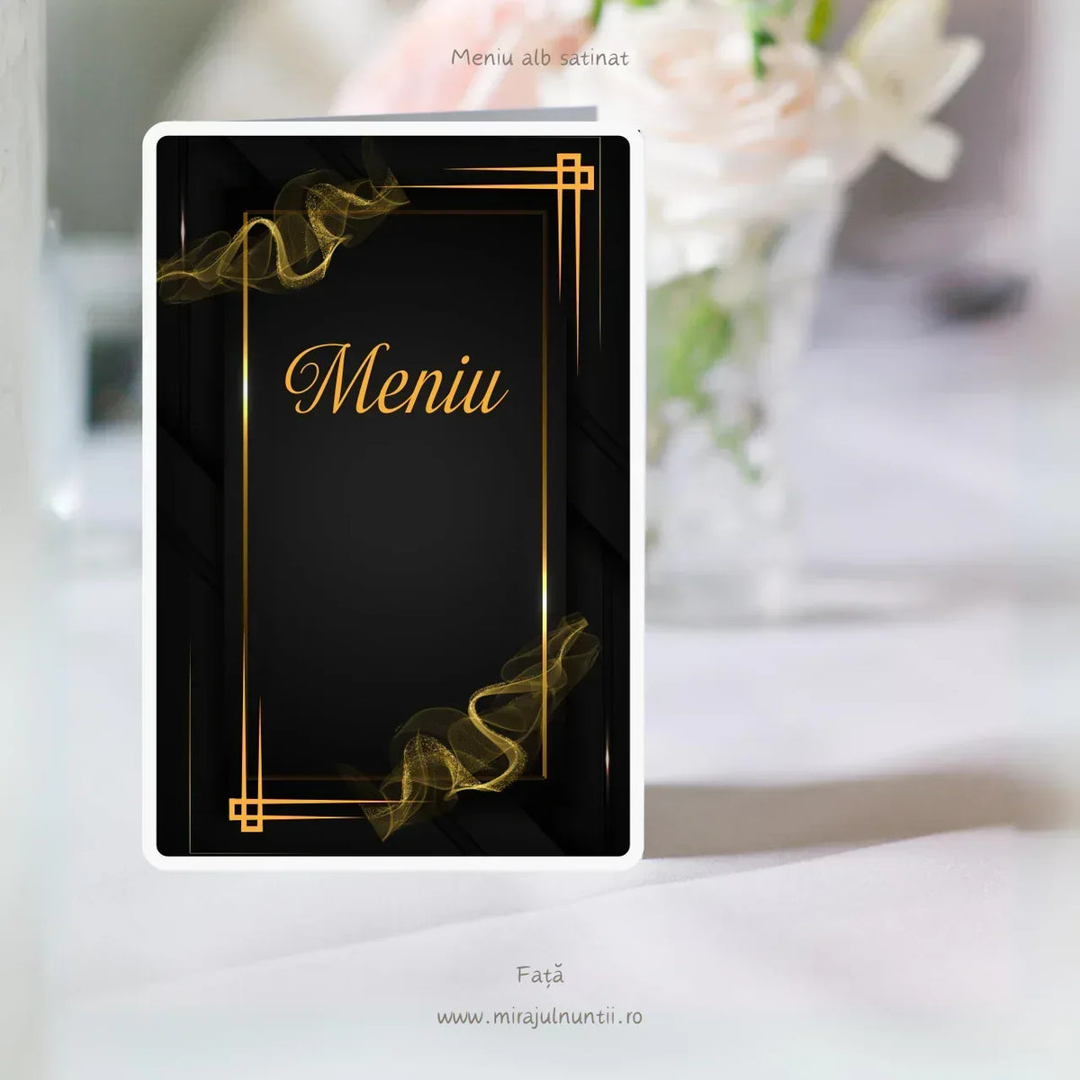 Meniu de nuntă pliat tip carte negru cu fum auriu și chenar Art Deco – cod C.6-10006