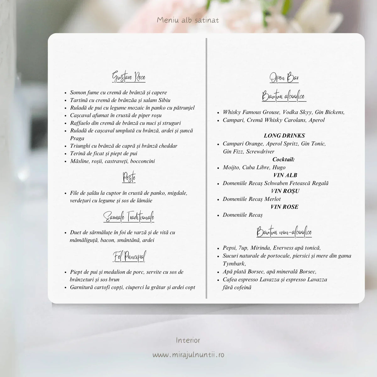 Meniu de nuntă pliat tip carte cu grafică personalizată – imaginea 3