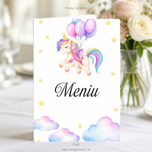 Coperta meniului de botez tip carte cu unicorn cu baloane roz și lila, nori pastel, steluțe galbene și titlul Meniu, cod Magnific B.15-20015