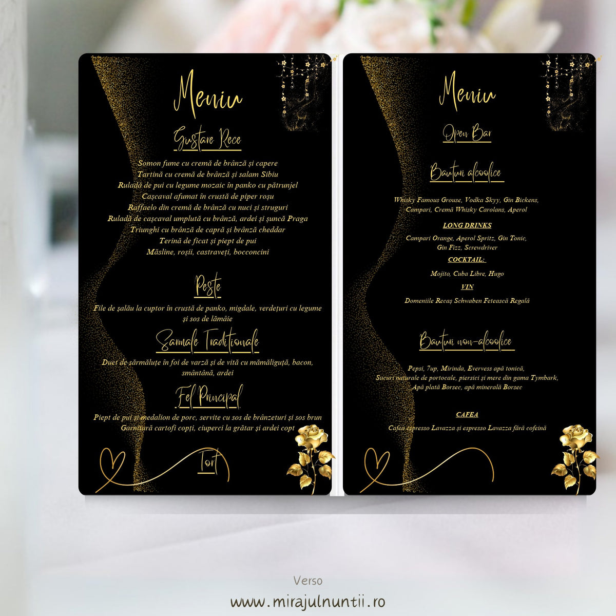 Meniu de nuntă tip carte C.51, interior: în stânga mâncarea pe secțiuni, în dreapta băuturile (open bar, băuturi alcoolice și non-alcoolice, cafea), text auriu, trandafir auriu și flori aurii atârnate pe fond negru