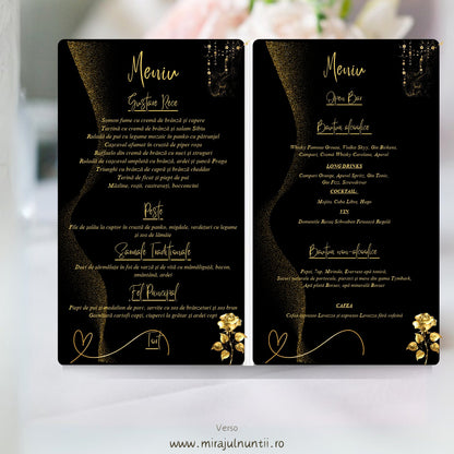 Meniu de nuntă tip carte C.51, interior: în stânga mâncarea pe secțiuni, în dreapta băuturile (open bar, băuturi alcoolice și non-alcoolice, cafea), text auriu, trandafir auriu și flori aurii atârnate pe fond negru