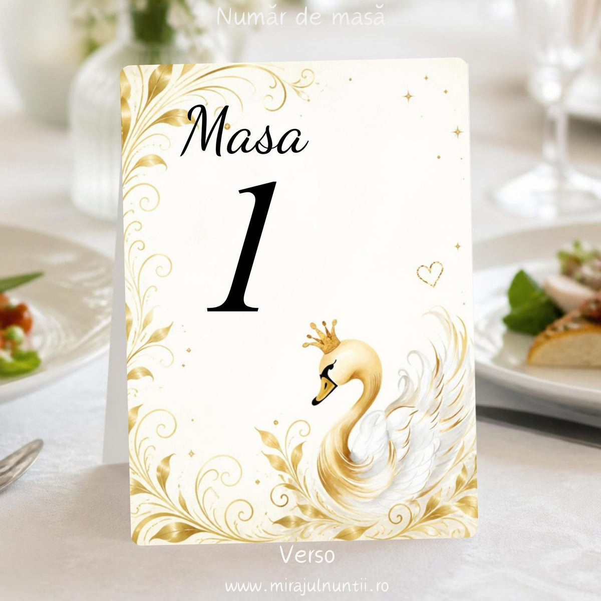 Număr de masă botez cu lebădă albă cu coroniță aurie și frunze aurii, versoul cu „Masa 1”, tipărit față-verso, cod Magnific B.17-20017