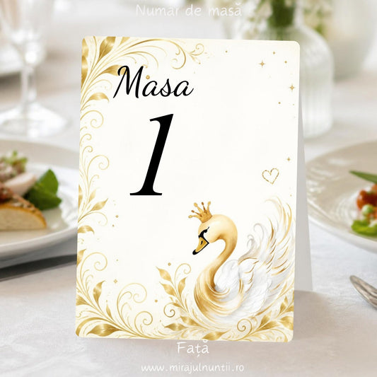 Număr de masă botez cu lebădă albă cu coroniță aurie și frunze aurii, fața cu „Masa 1”, alb și auriu, cod Magnific B.17-20017