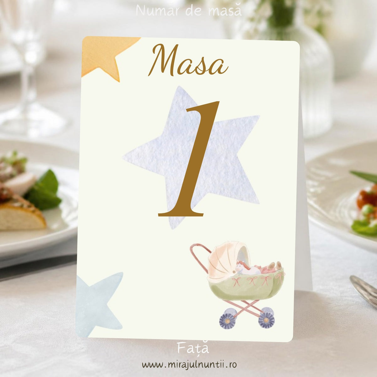 Număr de masă botez cu cărucior de bebeluș în acuarelă și steluțe aurii pe fond crem, „Masa 1” auriu pe o stea albă, față, cod Magnific B.7-20007