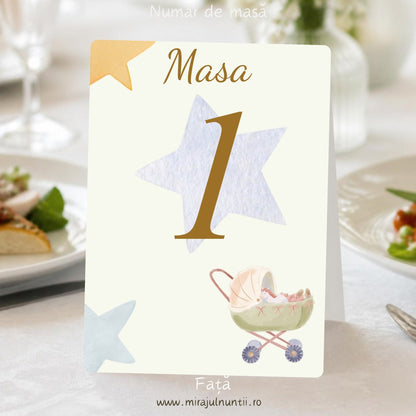 Număr de masă botez cu cărucior de bebeluș în acuarelă și steluțe aurii pe fond crem, „Masa 1” auriu pe o stea albă, față, cod Magnific B.7-20007