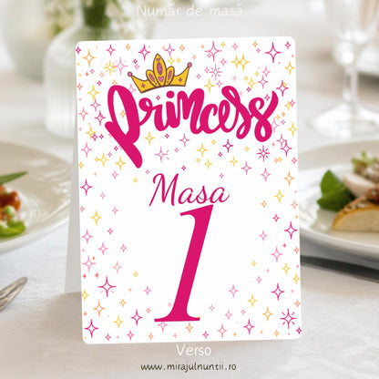 Număr de masă botez, verso, cu inscripția Princess cu coroniță aurie, steluțe roz și aurii și „Masa 1” roz-magenta, cod B. 6017