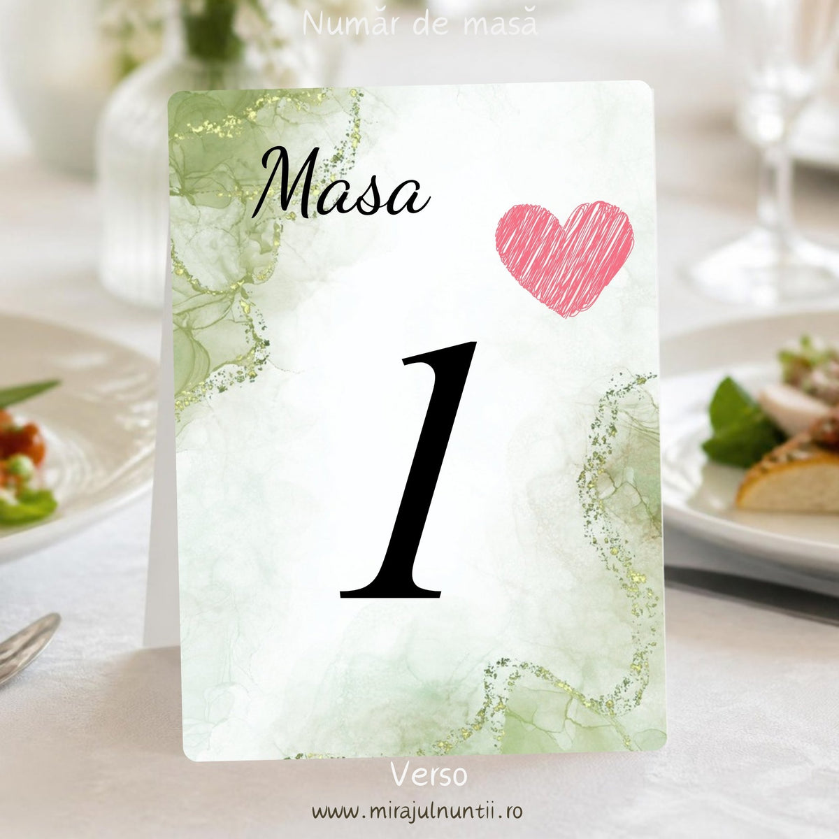 Număr de masă nuntă C.41, verso: același design, cu „Masa”, cifra 1 mare, inimioară roz și marmură verde olive cu linii aurii