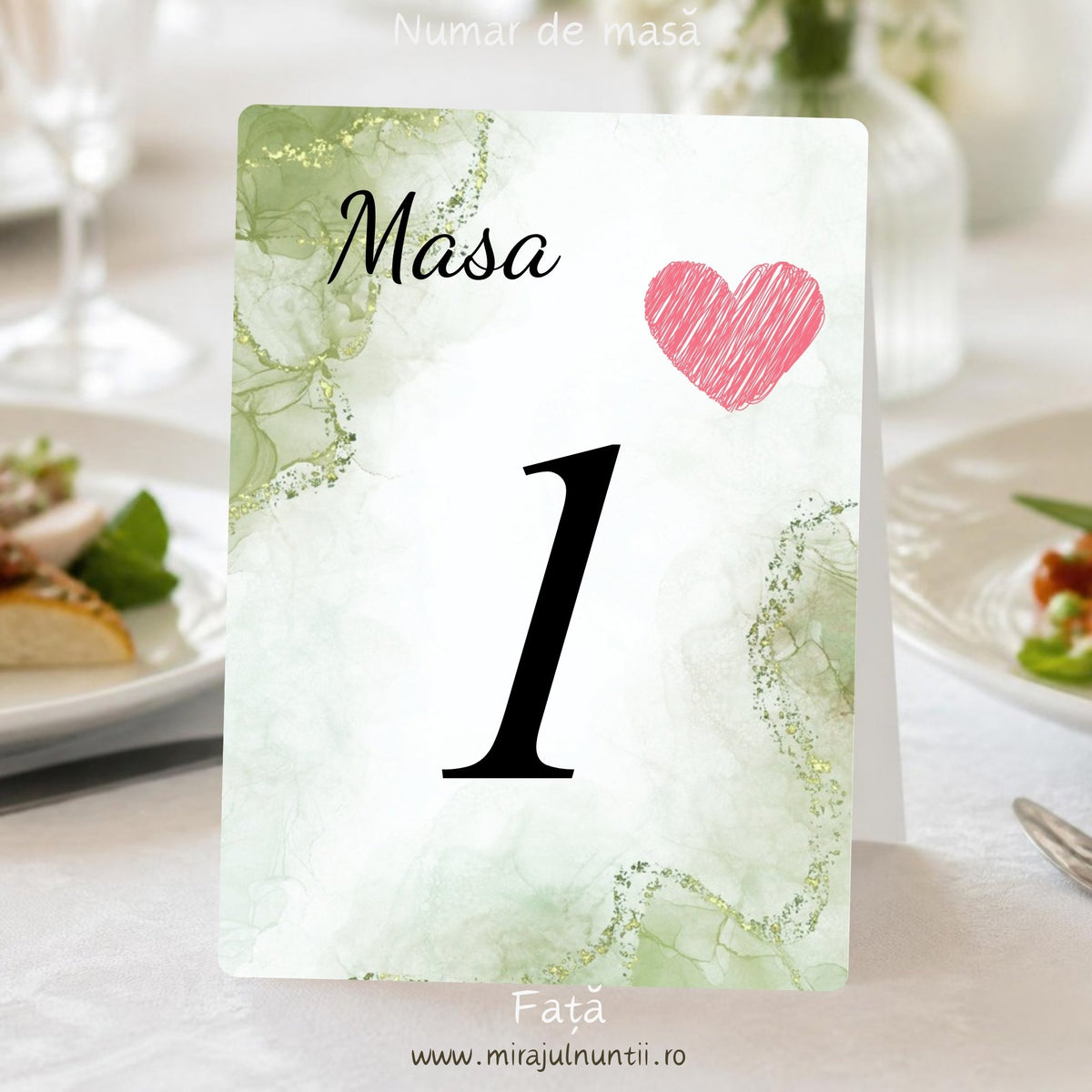 Număr de masă nuntă C.41, fața: „Masa” cu litere caligrafice, cifra 1 mare la mijloc, inimioară roz în dreapta sus și marmură verde olive cu linii aurii, pe o masă festivă