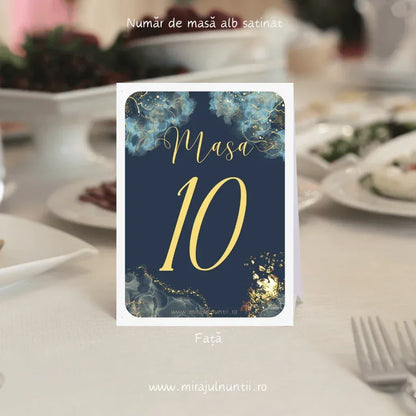 Număr de masă pentru nuntă cu design abstract bleumarin și auriu, imprimat față-verso pe carton premium, cod Magnific C.19.