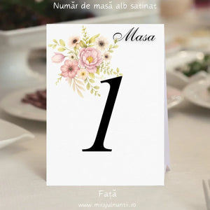 Număr de masă pentru nuntă cu flori roz în acuarelă și cifră mare neagră – cod Miraj 7721