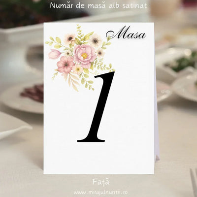 Număr de masă pentru nuntă cu flori roz în acuarelă și cifră mare neagră – cod Miraj 7721