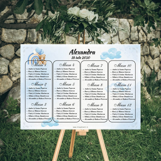 Opis botez orizontal 42 x 30 cm cod Magnific B.12 pe șevalet, cu ursuleț sub curcubeu, baloane și nori bleu în acuarelă, lista invitaților grupată pe mese.