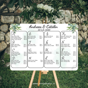 Opis de nuntă orizontal 42 x 30 cm C.25 pe șevalet, în grădină: numele „Andreea & Cătălin” și data scrise caligrafic, lista invitaților pe litere în patru coloane cu chenare rotunjite, eucalipt în acuarelă în colțurile de sus, acuarelă verde mentă, pe fond alb