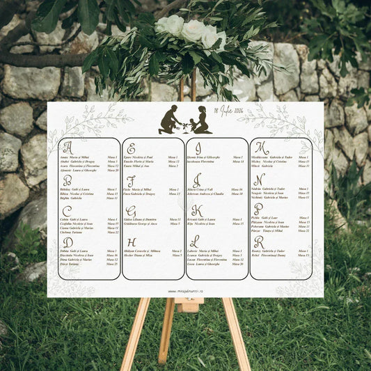 Opis orizontal 42 x 30 cm cod Magnific C.15 pe șevalet, cu siluetă neagră de familie, frunze desenate în linie fină și lista invitaților în patru coloane.