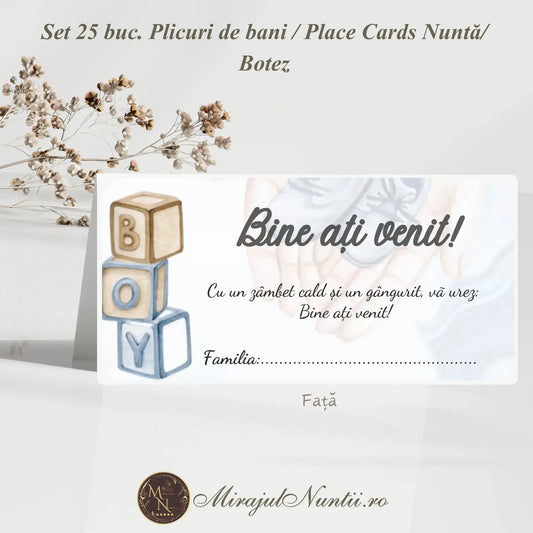 Plic de bani pentru botez băiat cu ilustrație cuburi „BOY”, nuanțe de bleu și bej, pe carton alb premium texturat.