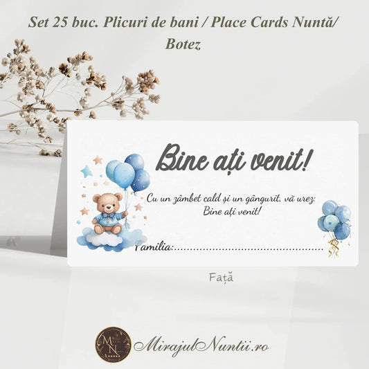 Plic de bani și place card pentru botez băiețel cu ilustrație ursuleț pe norișor și baloane albastre, model elegant Sky Teddy.