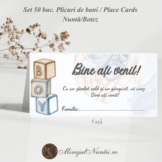 Plic de bani pentru botez băiețel cu design cuburi „Boy” și mesaj de bun venit, interior cu buzunar pentru cadou.