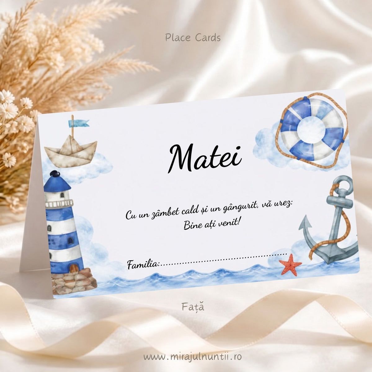 Fața plicului de bani botez personalizat cu numele Matei, far, bărcuță, colac de salvare și ancoră