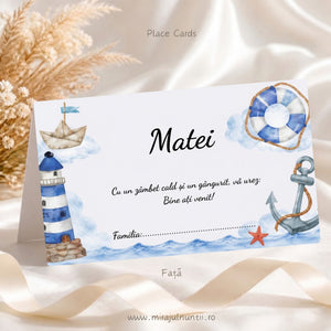 Fața plicului de bani botez personalizat cu numele Matei, far, bărcuță, colac de salvare și ancoră