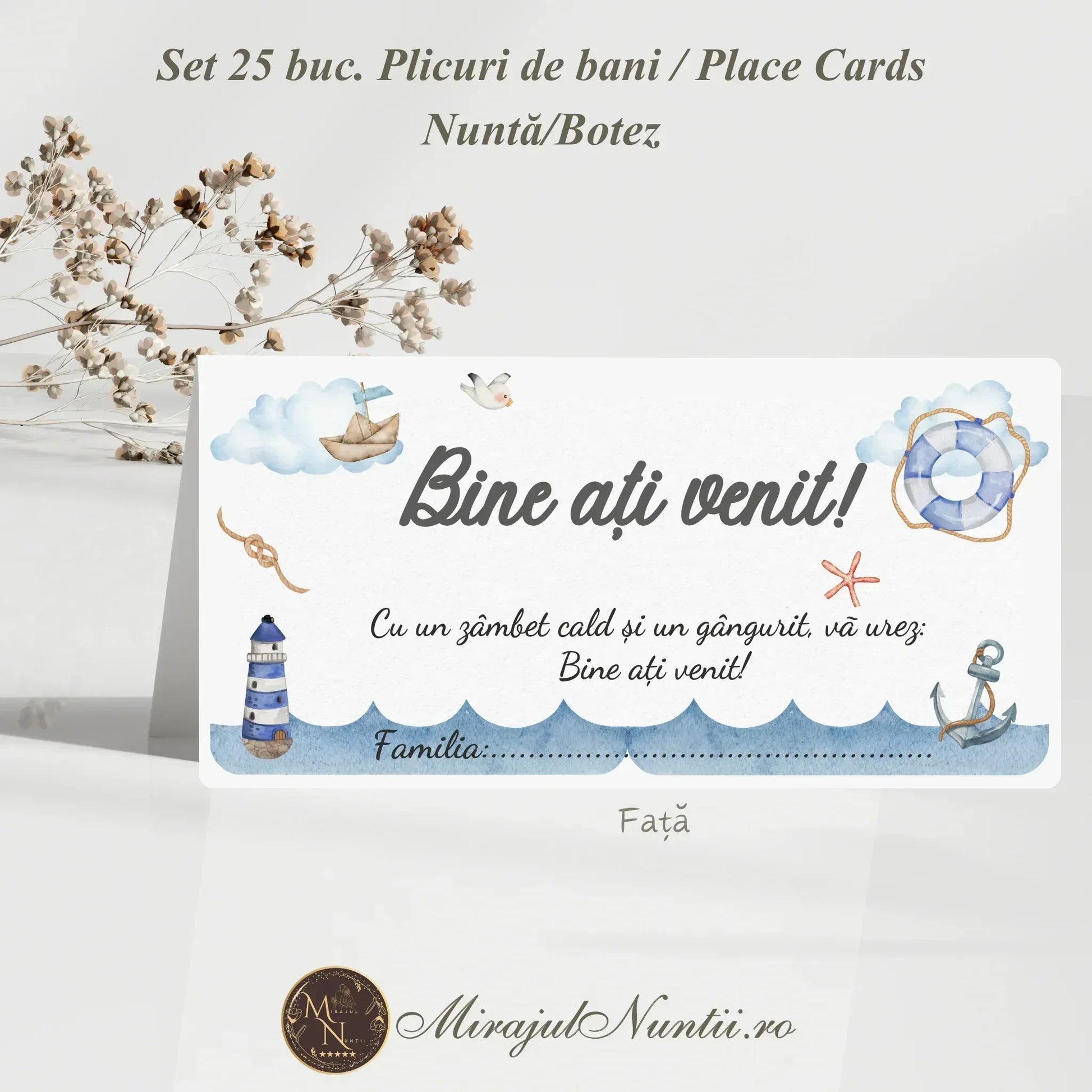 Plic de bani și place card pentru botez cu tematică marină, ilustrație far și ancoră, set 25 bucăți Mirajul Nunții.