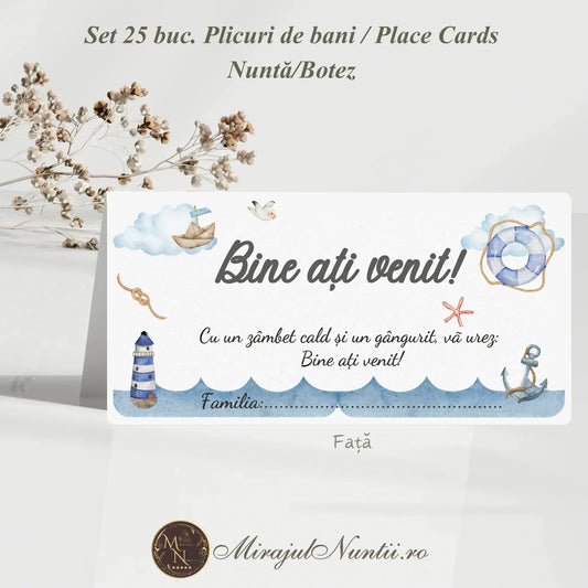 Plic de bani și place card pentru botez cu tematică marină, ilustrație far și ancoră, set 25 bucăți Mirajul Nunții.