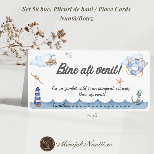 Partea frontală a plicului de bani pentru botez cu design maritim, ilustrații cu far, ancoră și mesaj de bun venit.