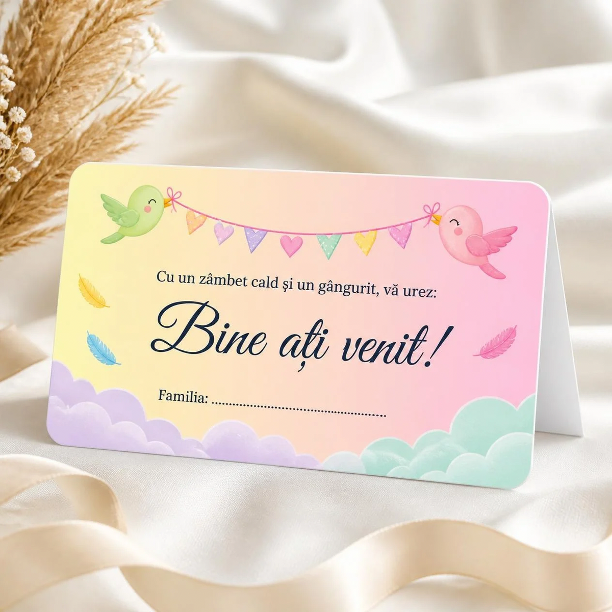 Plic de bani botez cu păsărele și pene colorate pe fundal curcubeu pastel, cu mesajul „Bine ați venit!” și rândul pentru familie, cod 20005