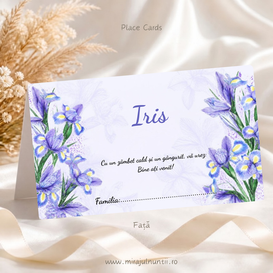 Plic de bani botez personalizat B.16-20016, față, cu iriși mov în acuarelă, numele Iris și rândul Familia, pe fundal lila