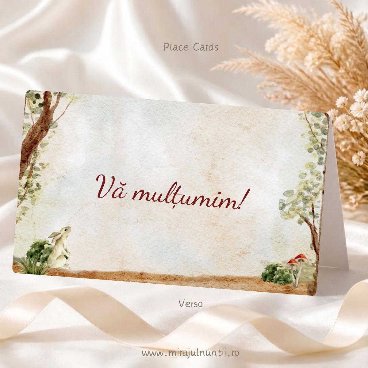 Plic de bani botez personalizat cod Magnific B.10-20010, spate cu textul Vă mulțumim!, copaci de pădure în acuarelă pe margini, iepuraș și ciuperci