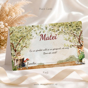 Plic de bani botez personalizat cod Magnific B.10-20010, față cu numele Matei, mesajul de bun venit și rândul Familia, pădure în acuarelă cu veveriță pe butuc și pui de căprioară