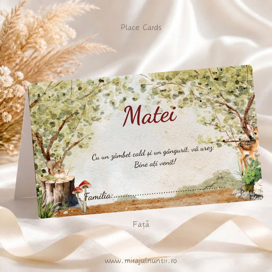 Plic de bani botez personalizat cod Magnific B.10-20010, față cu numele Matei, mesajul de bun venit și rândul Familia, pădure în acuarelă cu veveriță pe butuc și pui de căprioară