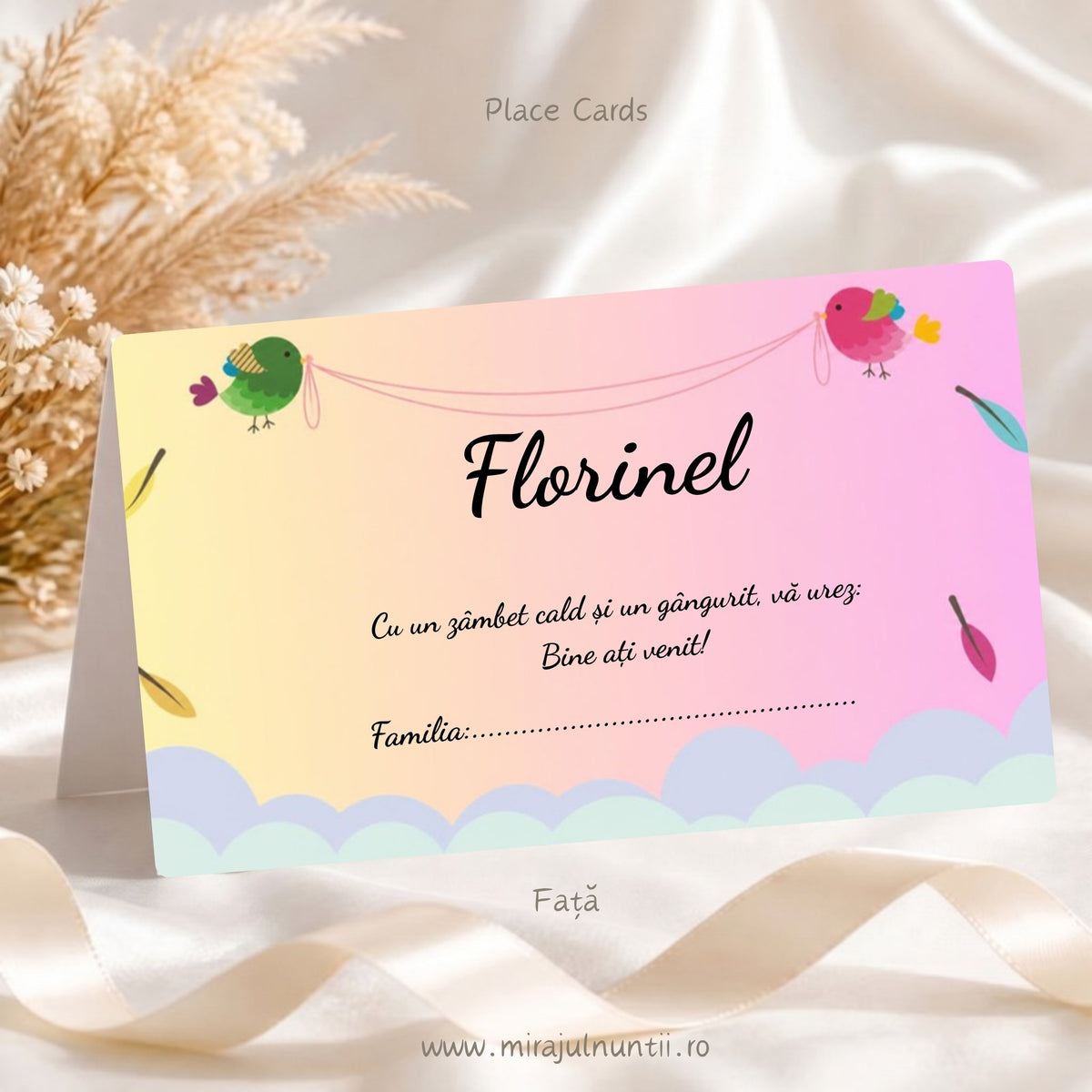 Plic de bani botez personalizat, fața cu numele Florinel, mesajul de bun venit și rândul Familia, cu păsărele și pene colorate, cod B.5-20005