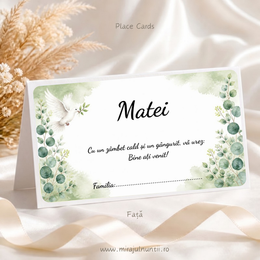 Plic de bani botez personalizat cu porumbel alb și ramuri de eucalipt, verde salvie, față cu numele copilului și rândul Familia, cod Magnific B.30-20030