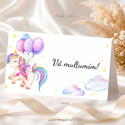 Spatele plicului de bani botez personalizat cu unicorn cu baloane, nori pastel și mesajul Vă mulțumim!, cod Magnific B.15-20015