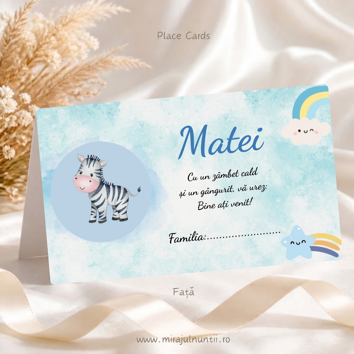 Fața plicului de bani personalizat pentru botez, cu numele Matei, mesajul de bun venit și rândul Familia, pui de zebră în cerc bleu, curcubeu și steluță pe fond acuarelă bleu pastel, cod B.1-20001