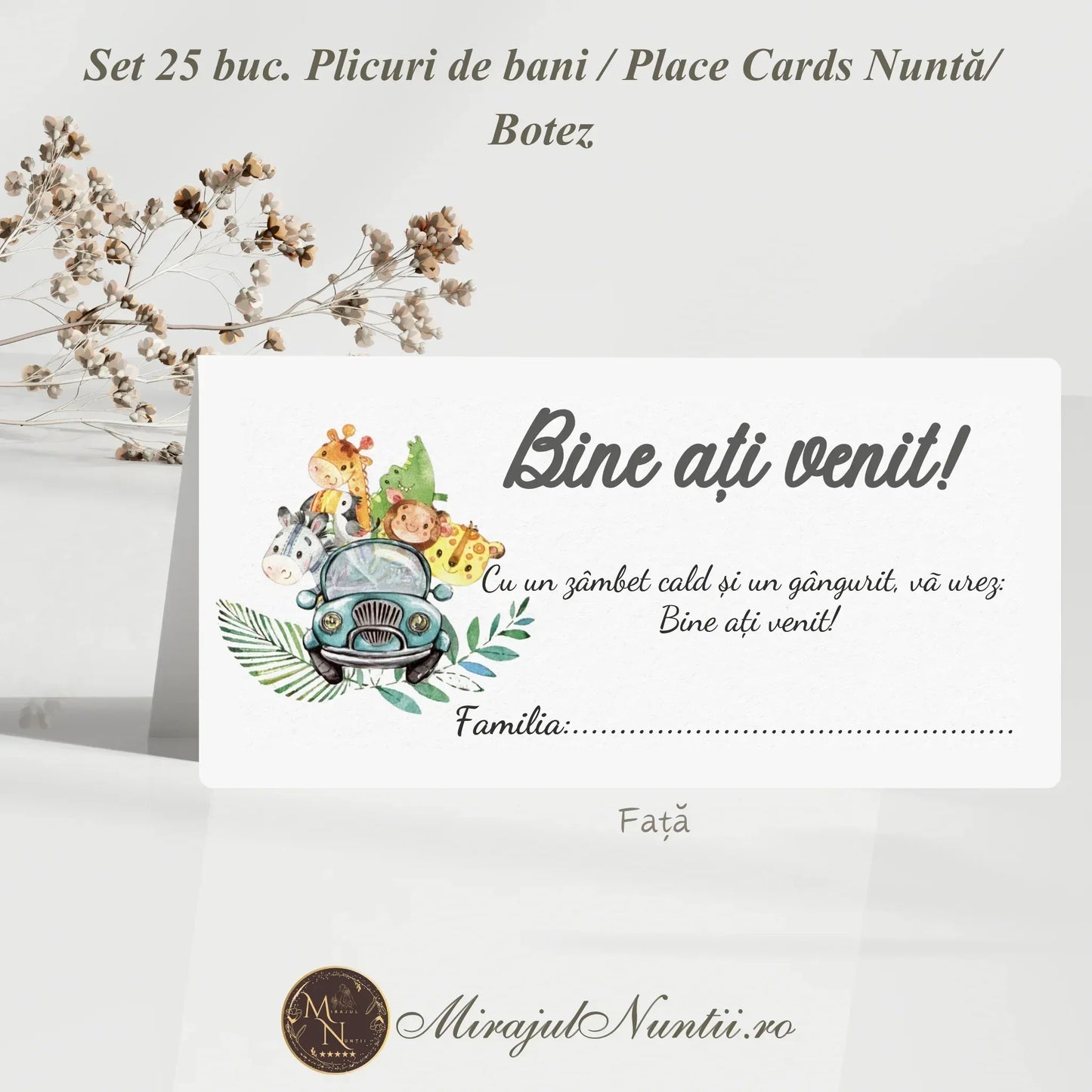 Vedere frontală plic de bani botez Safari Acuarelă cu text de bun venit și design animăluțe.