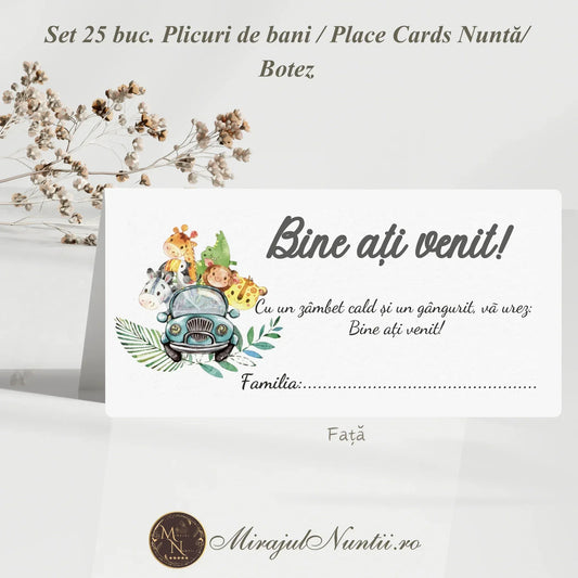Vedere frontală plic de bani botez Safari Acuarelă cu text de bun venit și design animăluțe.