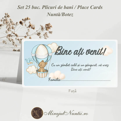 Plic de bani pentru botez model ursuleț în balon cu aer cald, culoare bleu, set de 25 bucăți, cu funcție de place card.