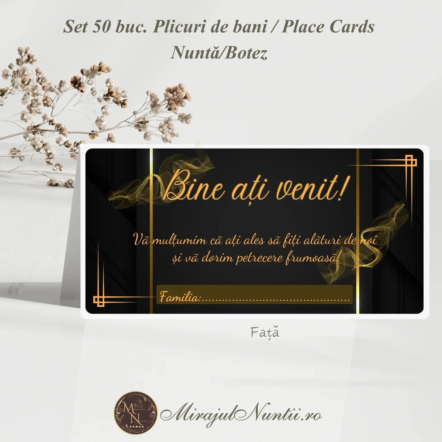 Plic de bani și place card elegant negru cu detalii aurii fluide pentru nuntă sau botez, set 50 bucăți, model premium C.10006.