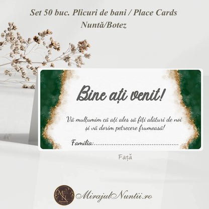 Plic de bani nuntă model Emerald Gold cu text Bine ați venit și margini aurii pe carton premium.