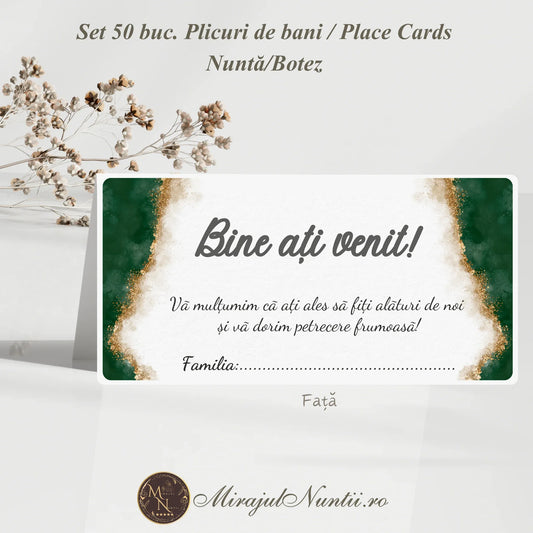 Plic de bani nuntă model Emerald Gold cu text Bine ați venit și margini aurii pe carton premium.
