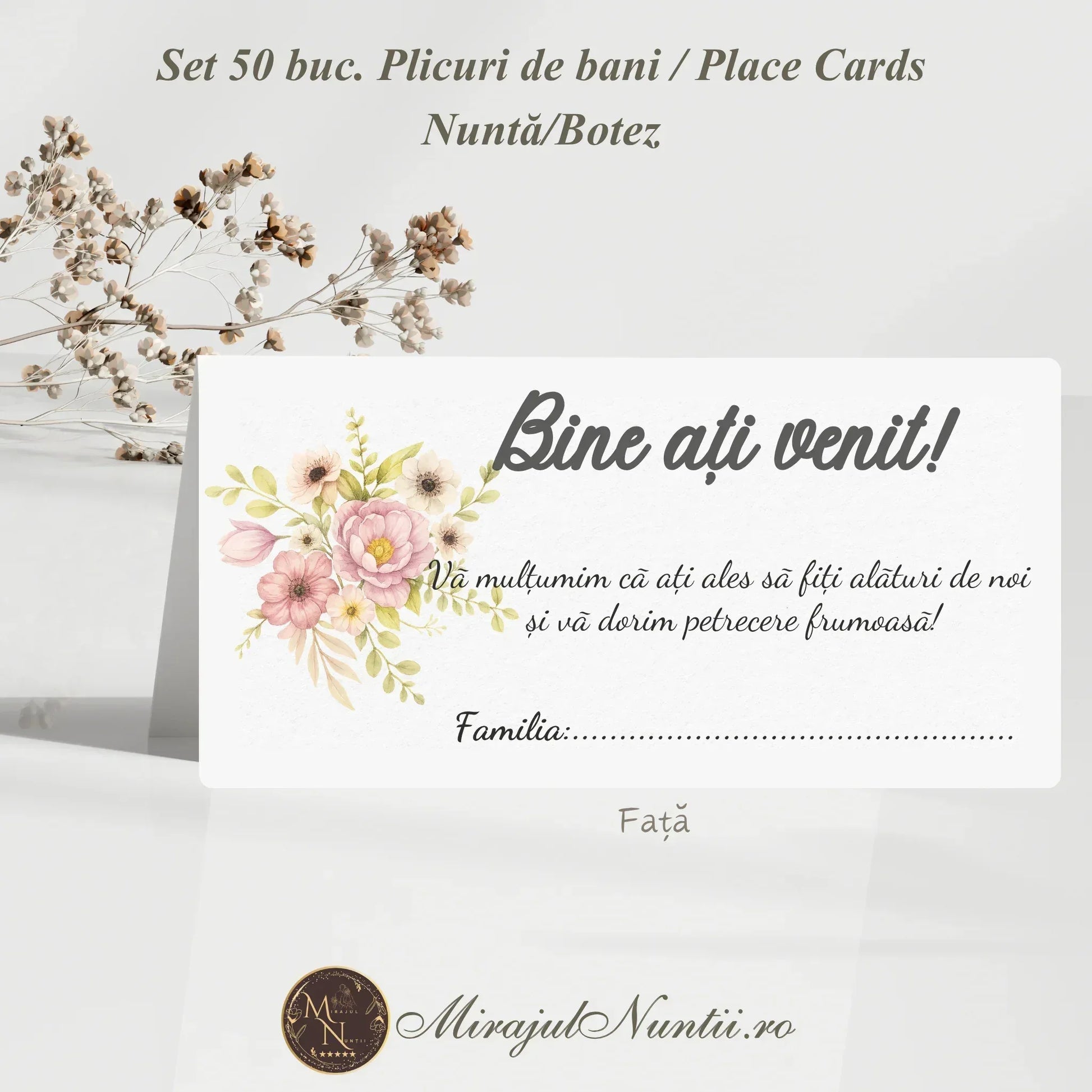 Plic de bani și place card cu buchet de flori roz acuarelă și mesaj de bun venit, set 50 bucăți, papetărie de lux Mirajul Nunții.