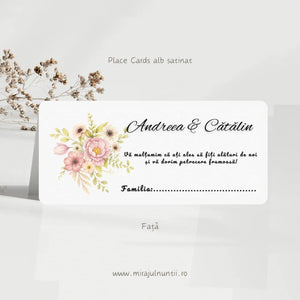 Plic de bani nuntă personalizat cu flori roz în acuarelă, numele mirilor și rândul Familia – cod Miraj 7721