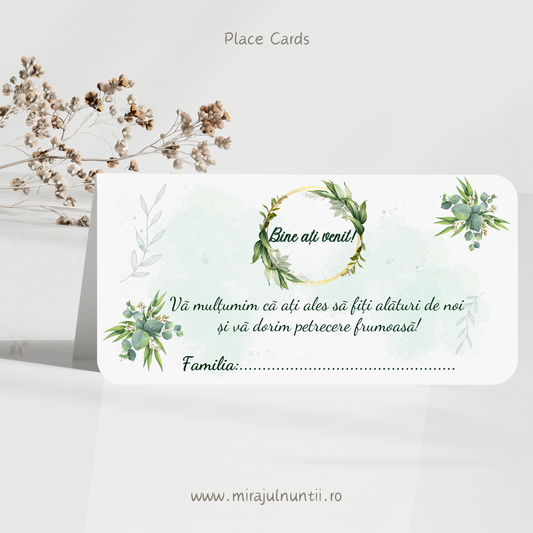 Plic de bani nuntă și place card model C.25 cu design floral eucalipt verde mentă și mesaj de bun venit, Mirajul Nunții.