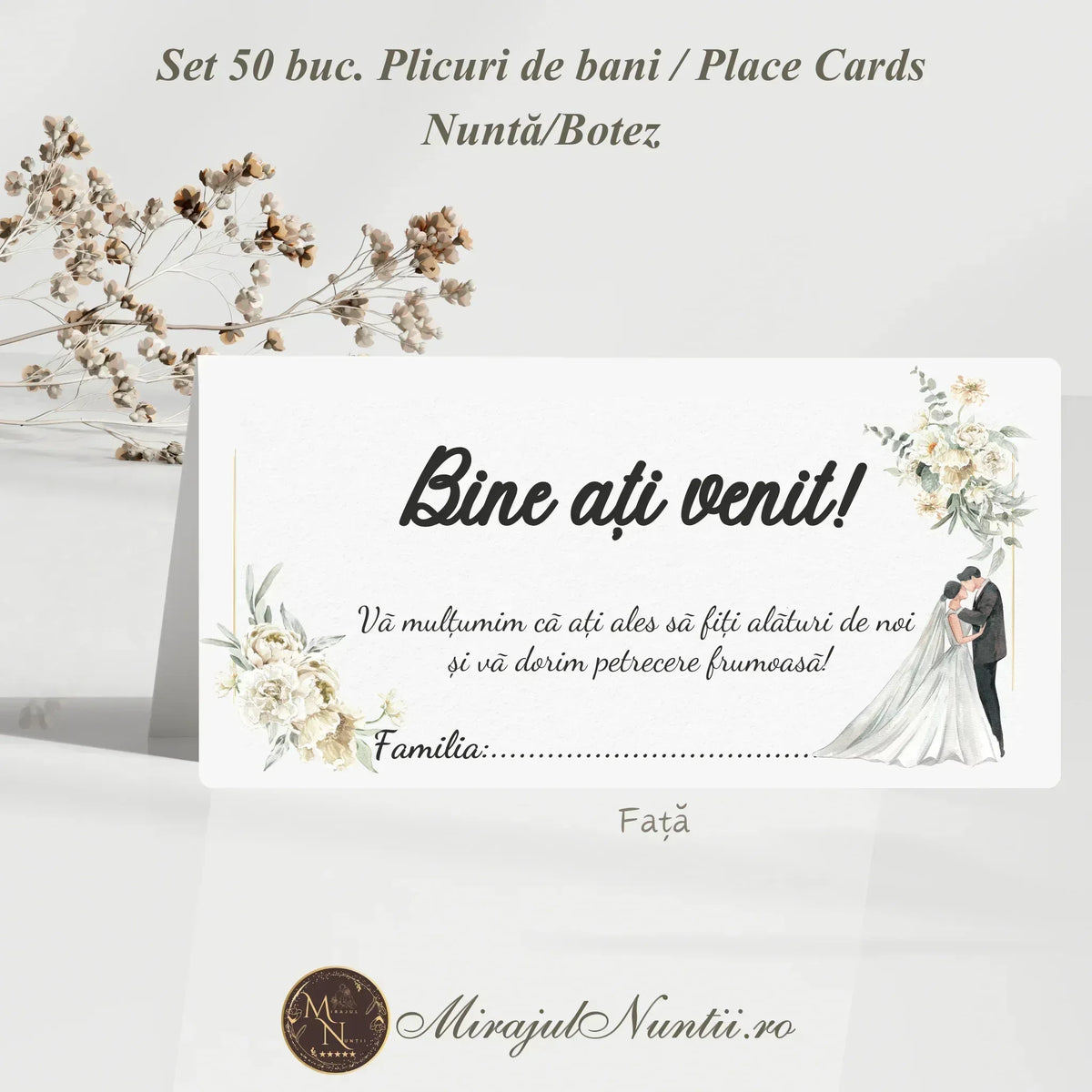 Plic de bani nuntă tip place card cu ilustrație florală și cuplu de miri, model premium cu buzunar interior.